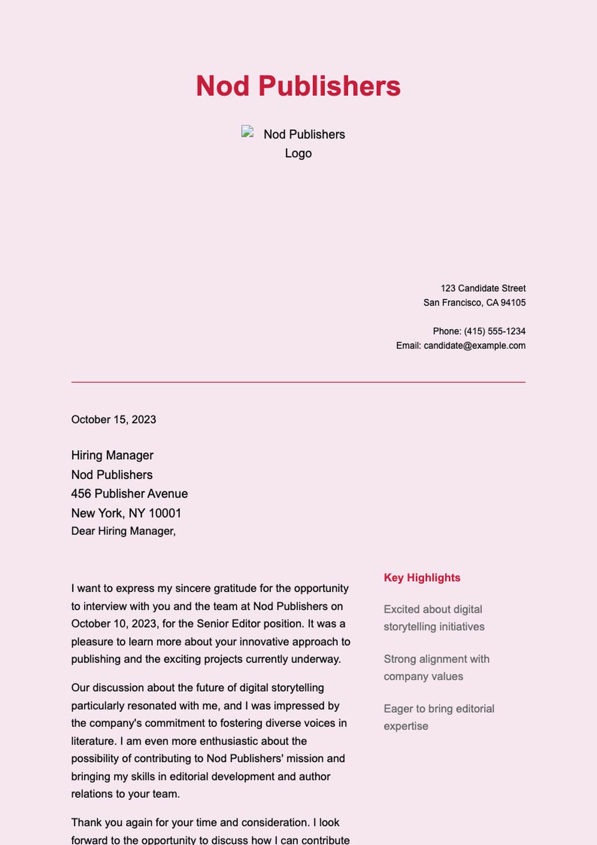 Professional cover letter from Nod Publishers with red branding and contact details_variant_1